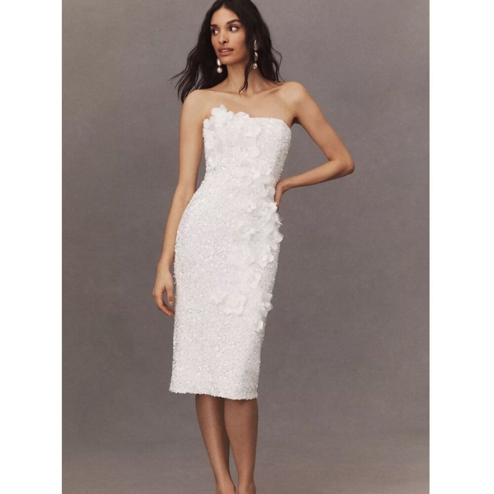 NWT-Helsi Liliana Strapless Floral Appliqué Stretch Sequin Midi Dress XS Ivory
